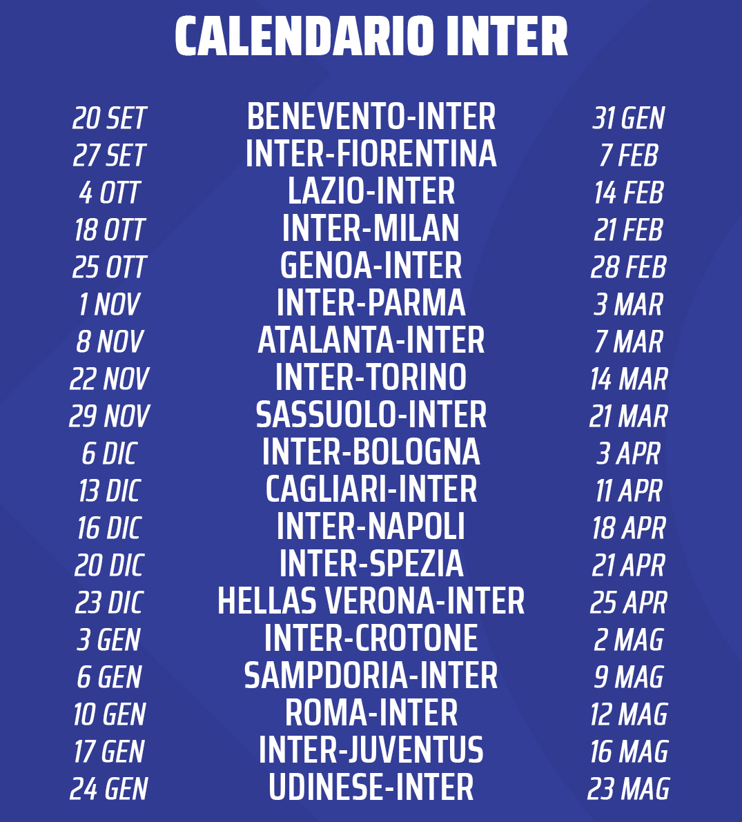 Calendario 2020/2021 - Inter Club Torino